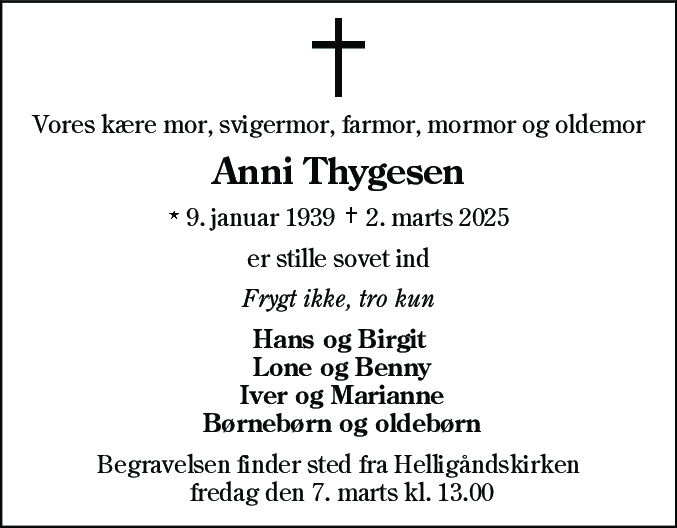 Dødsannonce for Anni Thygesen