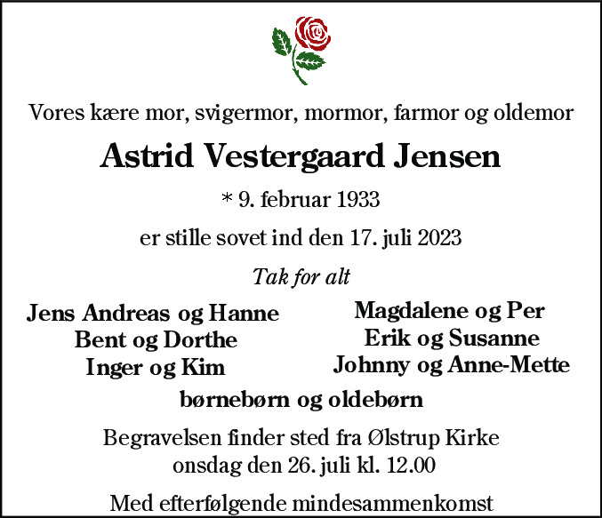 Dødsannonce for Astrid Vestergaard Jensen