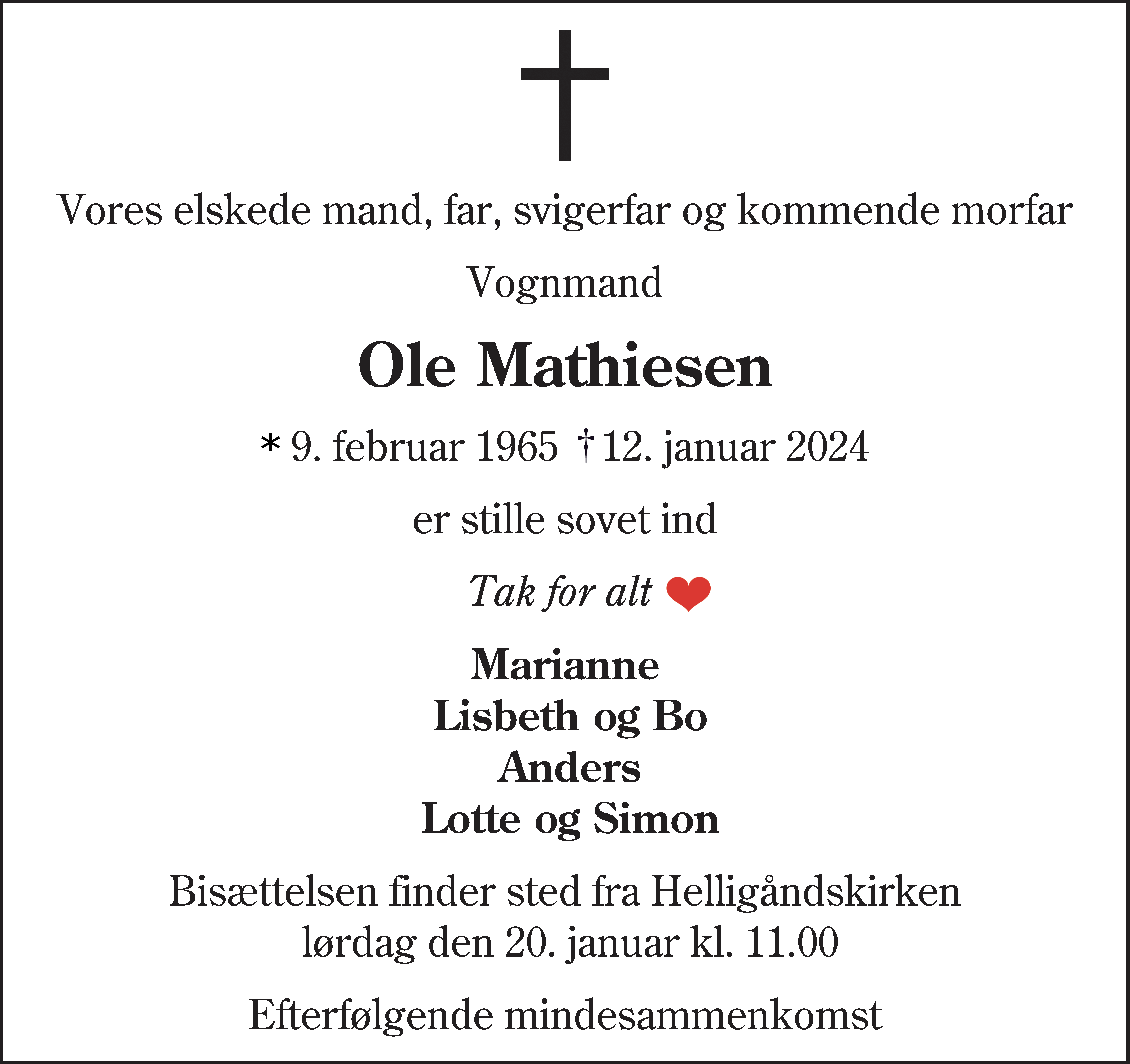 Dødsannonce for Ole Mathiesen