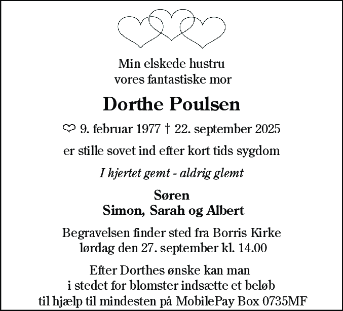 Dødsannonce for Dorthe Poulsen
