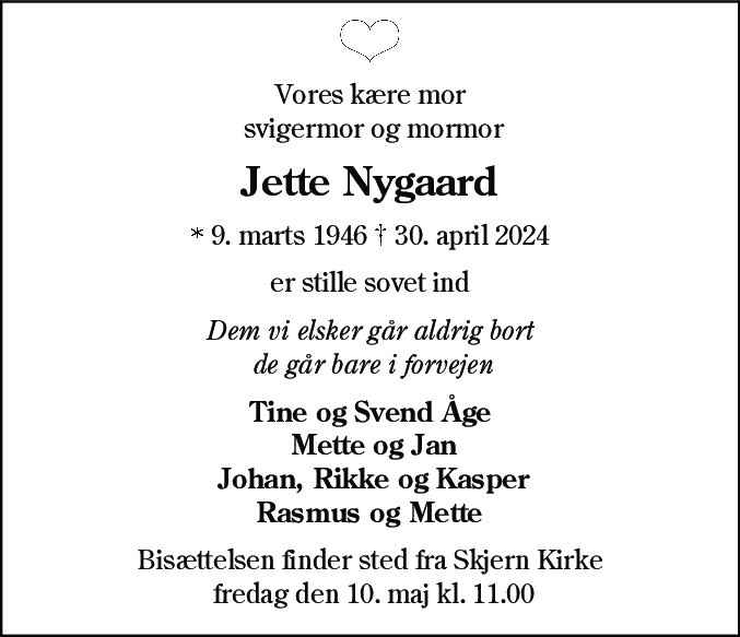 Dødsannonce for Jette Nygaard