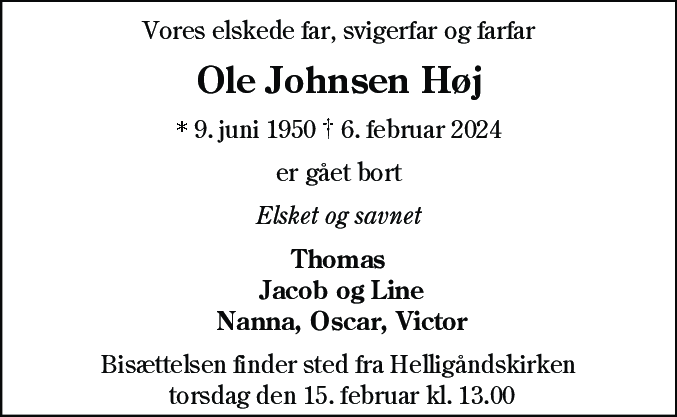 Dødsannonce for Ole Johnsen Høj