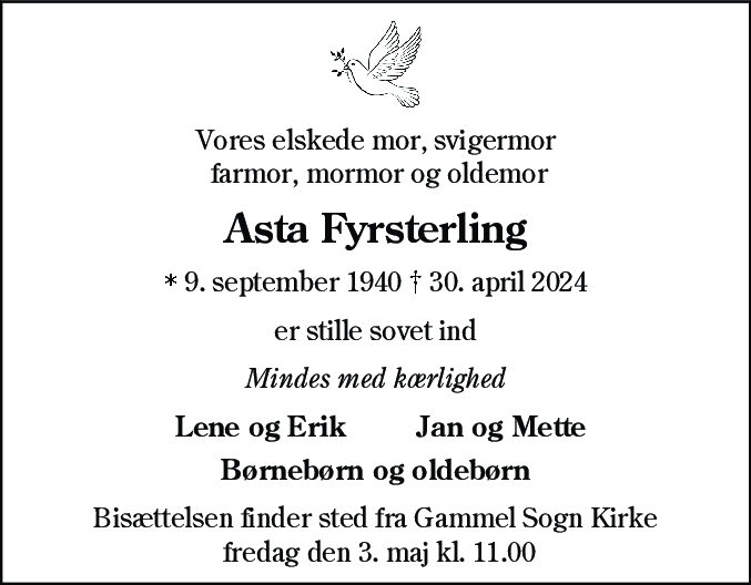 Dødsannonce for Asta Fyrsterling