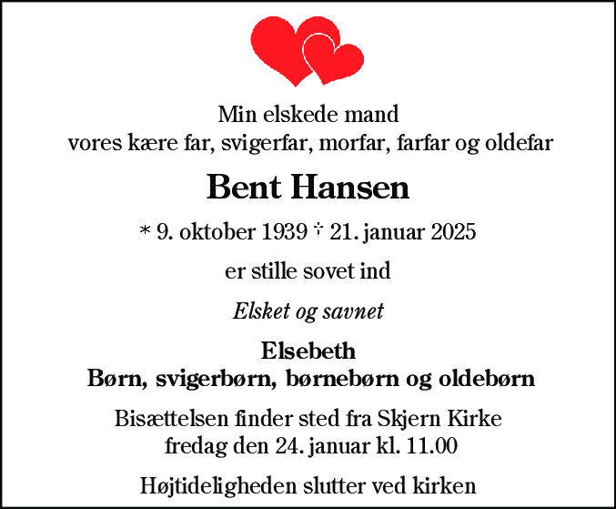 Dødsannonce for Bent Hansen