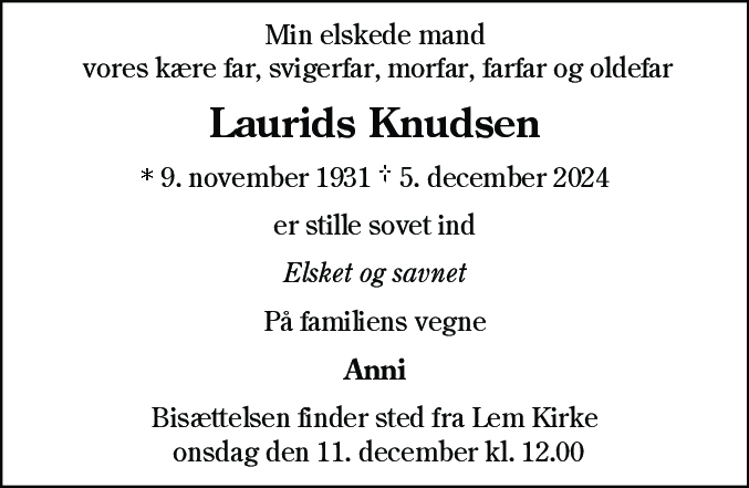 Dødsannonce for Laurids Knudsen
