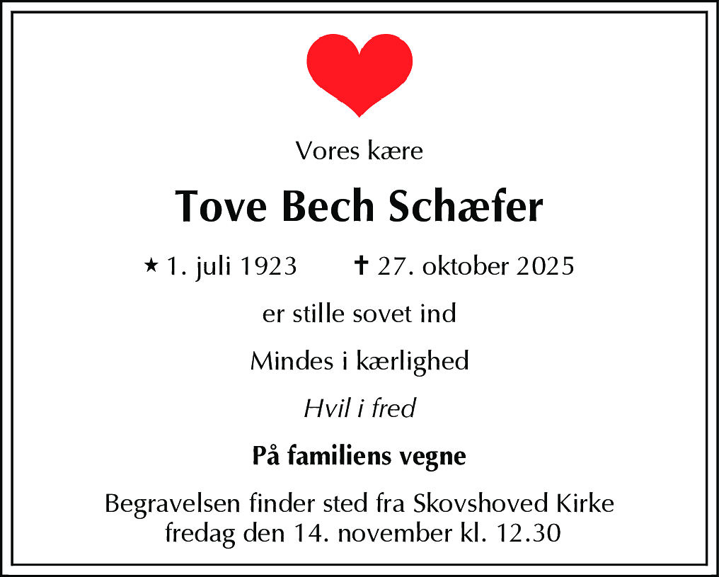 Dødsannonce for Tove Bech Schæfer