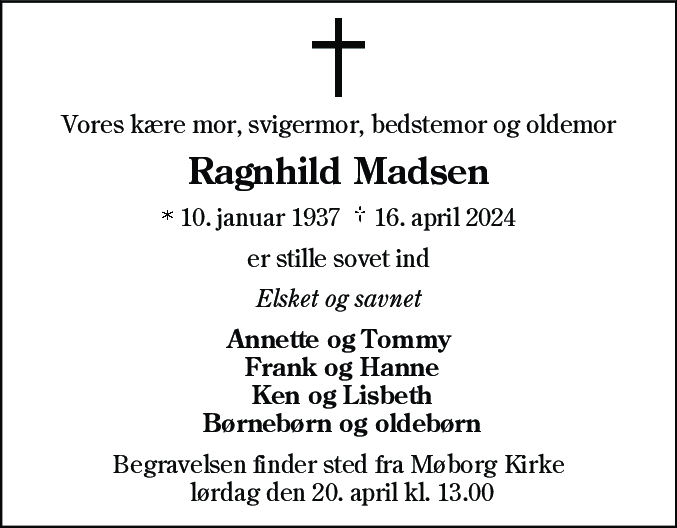 Dødsannonce for Ragnhild Madsen