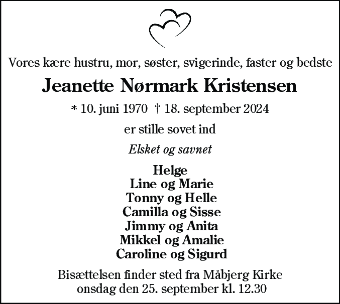 Dødsannonce for Jeanette Nørmark Kristensen