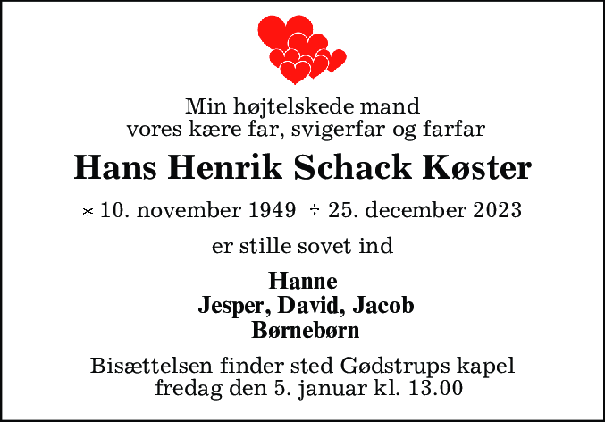Dødsannonce for Hans Henrik Schack Køster