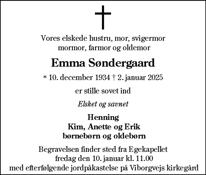 Dødsannonce for Emma Søndergaard