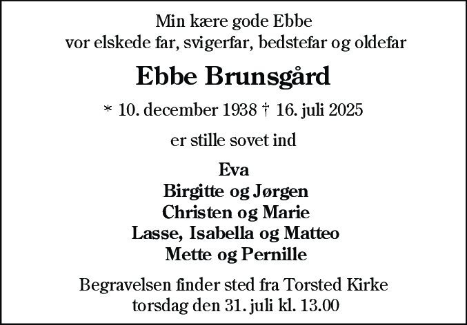 Dødsannonce for Ebbe Brunsgård