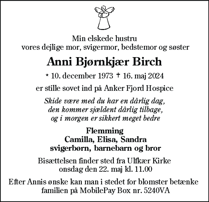 Dødsannonce for Anni Bjørnkjær Birch