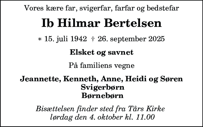 Dødsannonce for Ib Hilmar Bertelsen