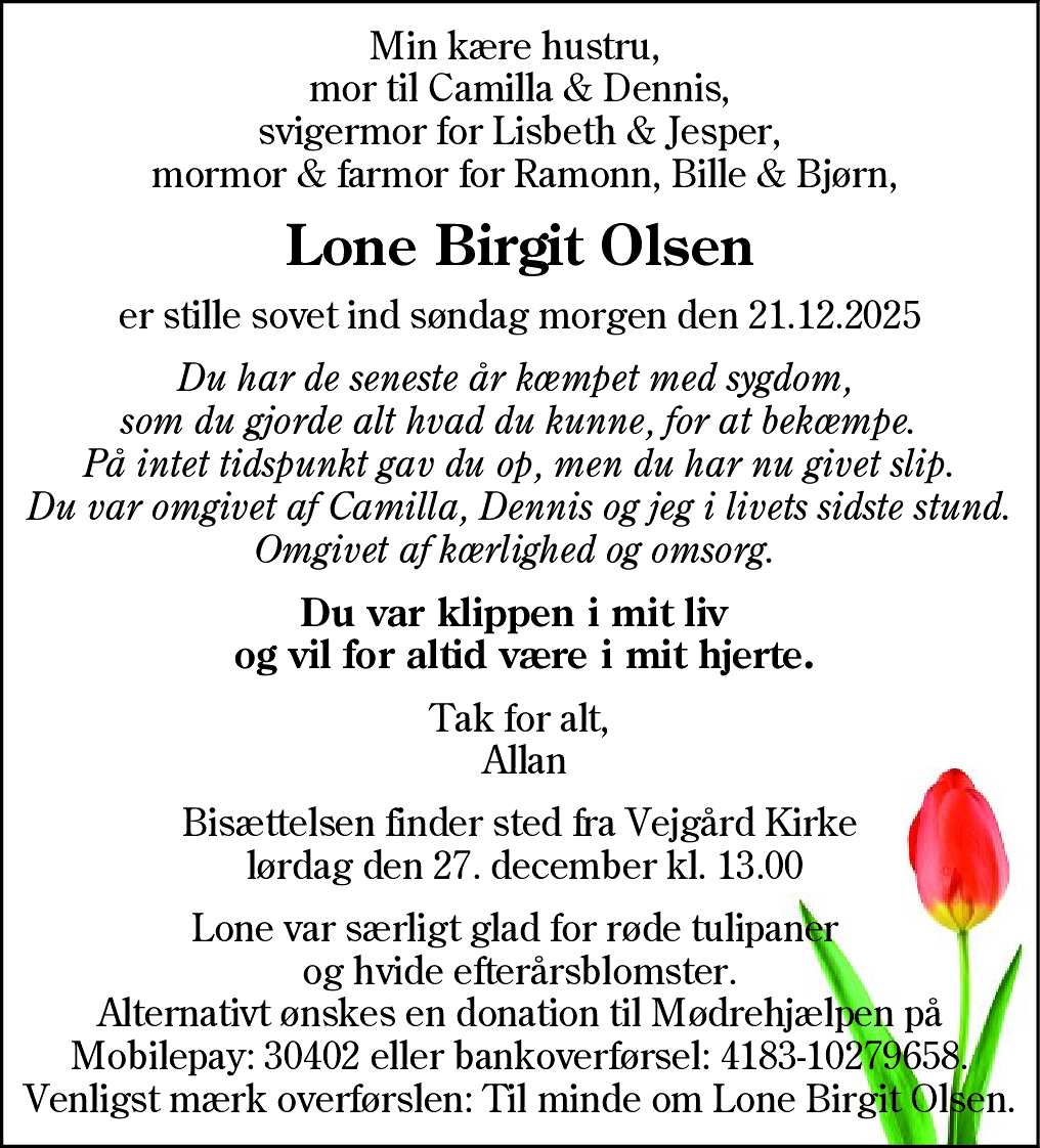 Dødsannonce for Lone Birgit Olsen