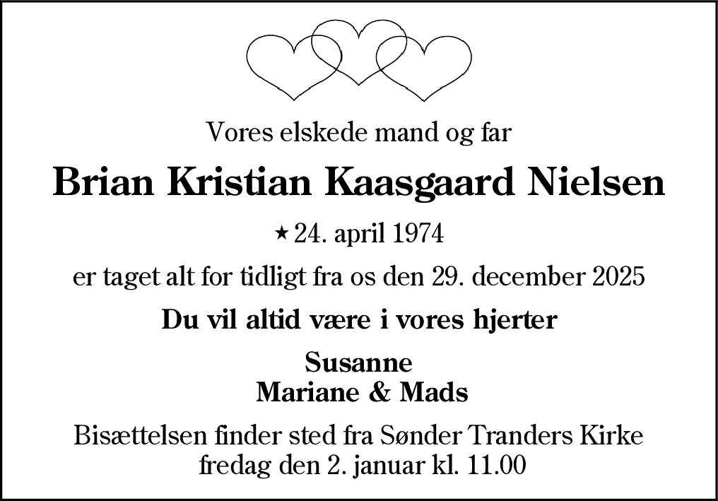 Dødsannonce for Brian Kristian Kaasgaard Nielsen