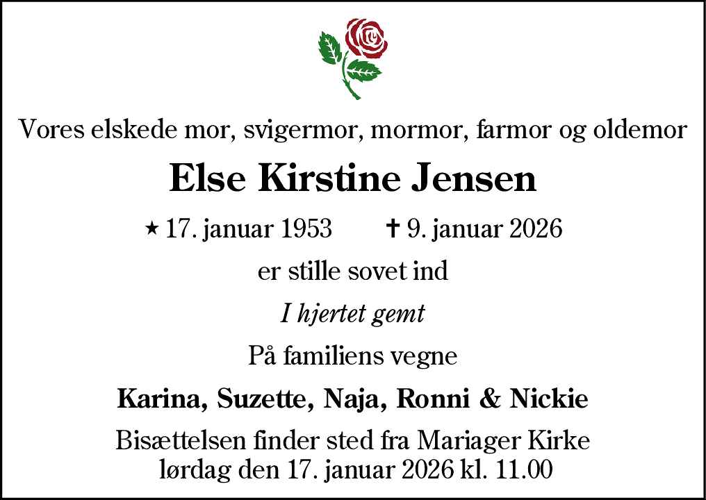 Dødsannonce for Else Kirstine Jensen