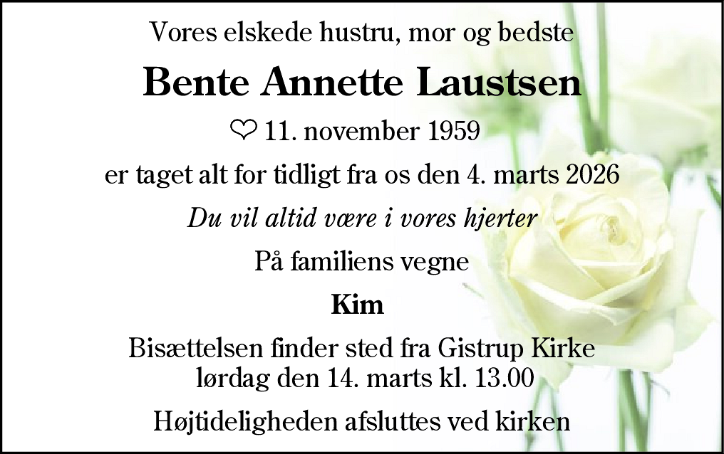 Dødsannonce for Bente Annette Laustsen