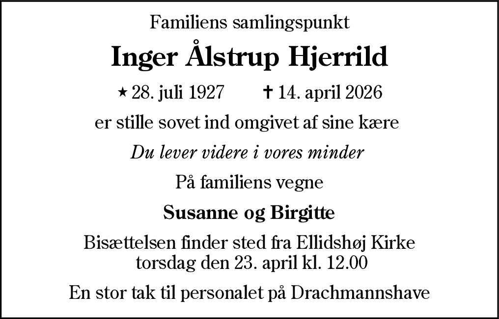 Dødsannonce for Inger Ålstrup Hjerrild