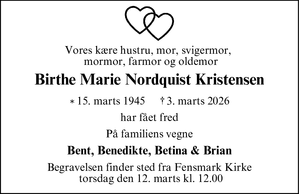 Dødsannonce for Birthe Marie Nordquist Kristensen