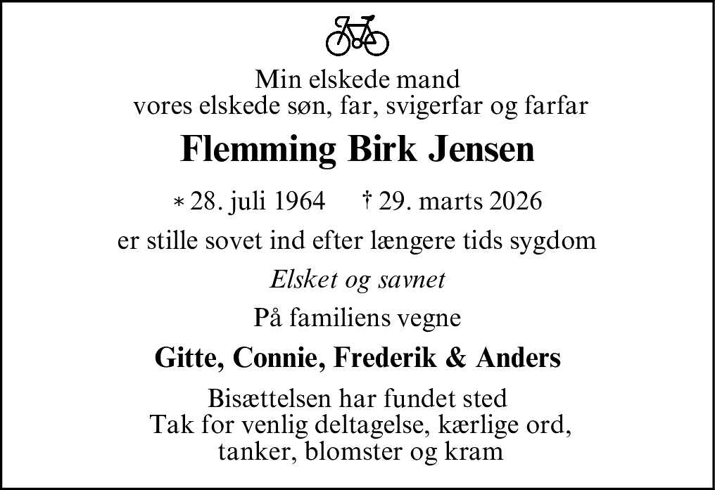 Dødsannonce for Flemming Birk Jensen