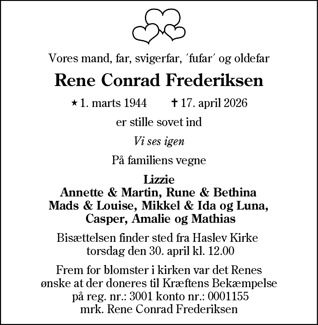 Dødsannonce for Rene Conrad Frederiksen
