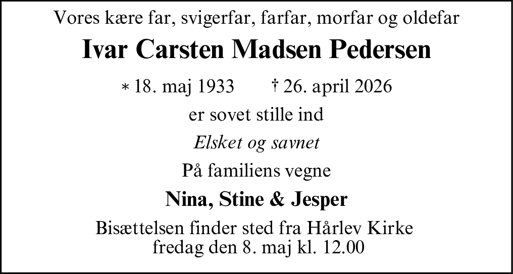 Dødsannonce for Ivar Carsten Madsen Pedersen