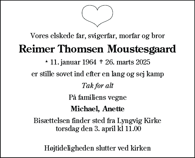 Dødsannonce for Reimer Thomsen Moustesgaard