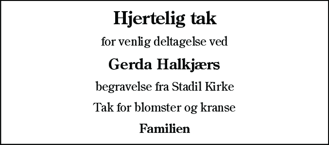 Dødsannonce for Gerda Halkjær