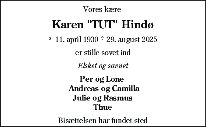 Dødsannonce for Karen “TUT” Hindø
