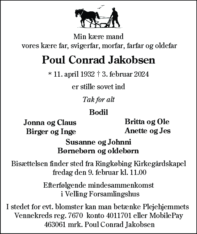 Dødsannonce for Poul Conrad Jakobsen