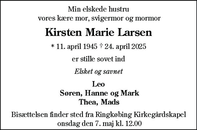 Dødsannonce for Kirsten Marie Larsen