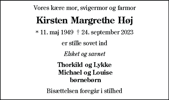 Dødsannonce for Kirsten Margrethe Høj