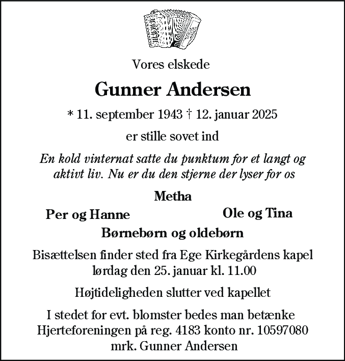 Dødsannonce for Gunner Andersen