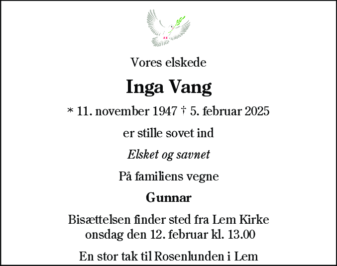 Dødsannonce for Inga Vang