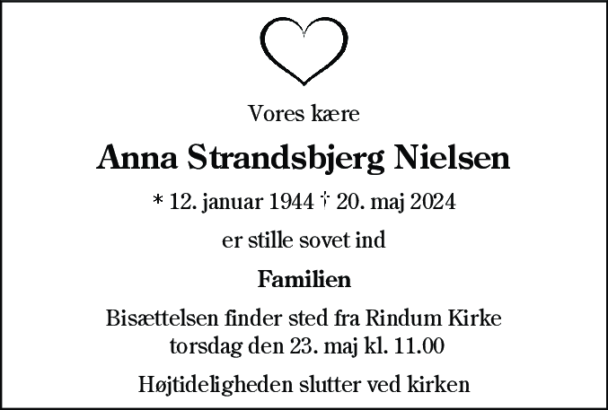 Dødsannonce for Anna Strandsbjerg Nielsen
