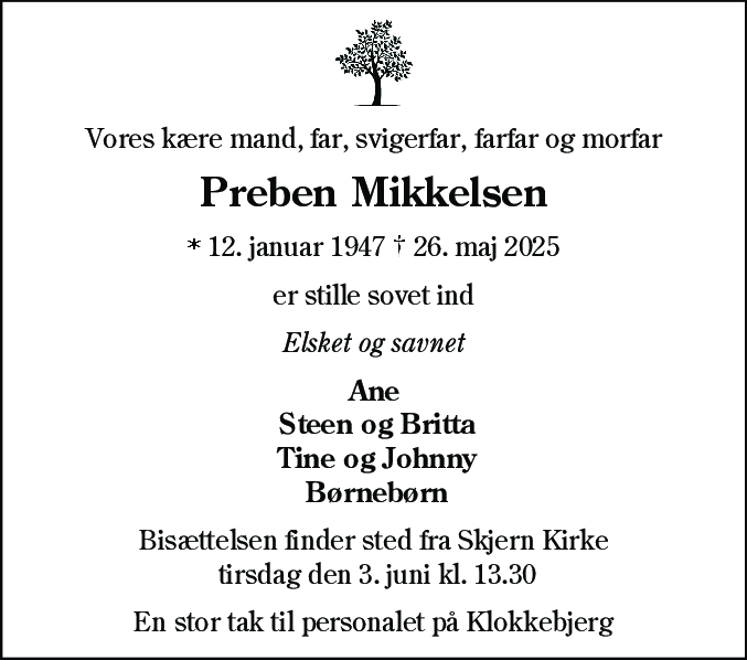 Dødsannonce for Preben Mikkelsen