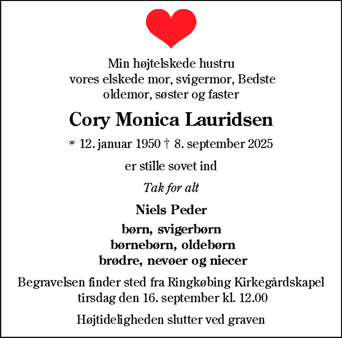 Dødsannonce for Cory Monica Lauridsen
