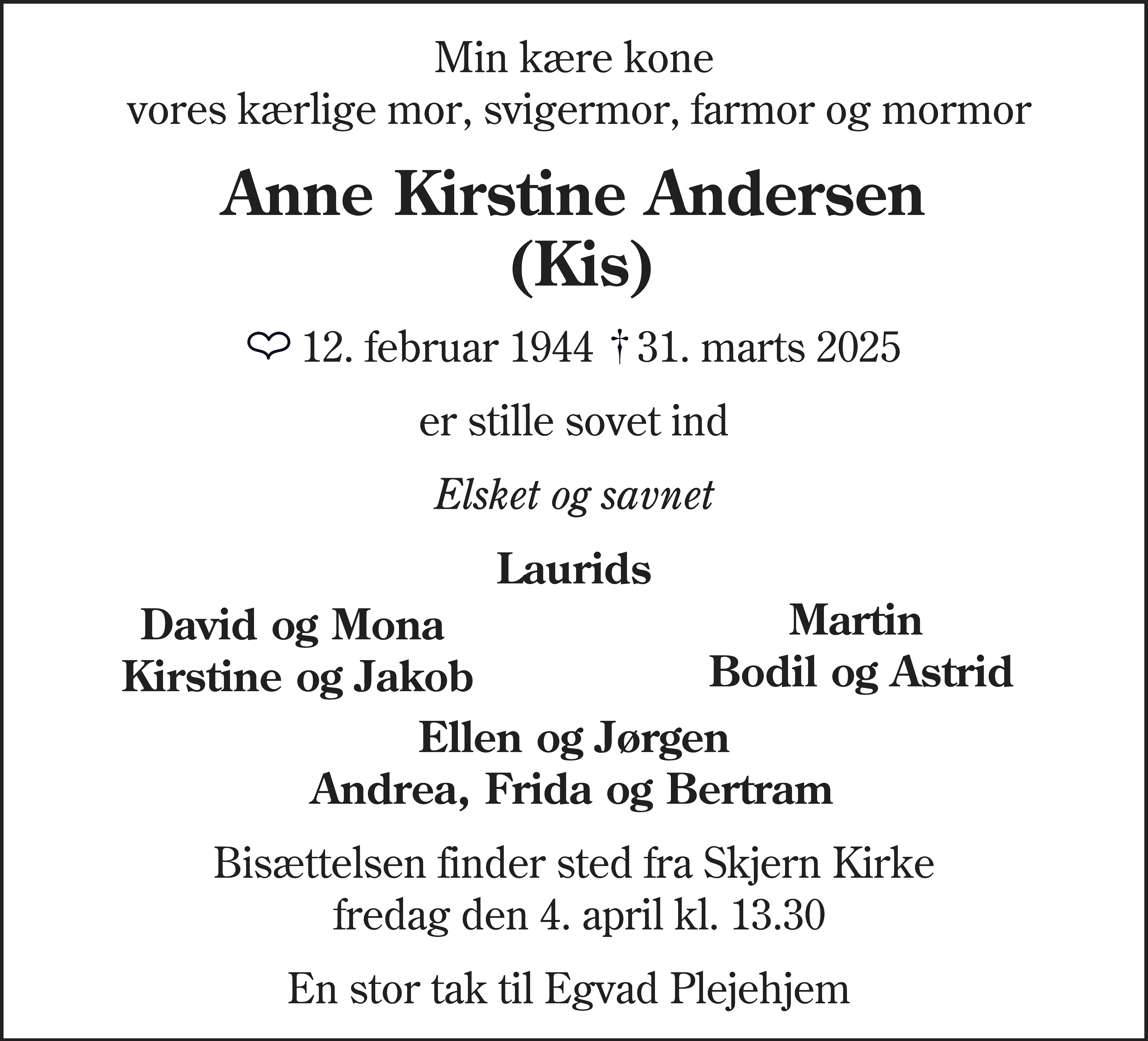 Dødsannonce for Anne Kirstine Andersen