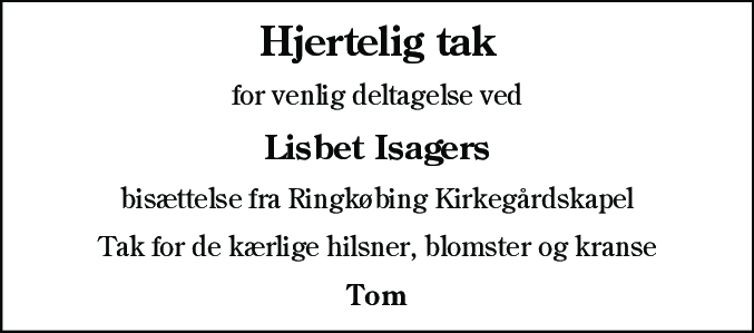 Dødsannonce for Lisbet Isager