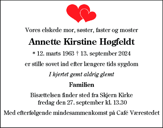 Dødsannonce for Annette Kirstine Høgfeldt
