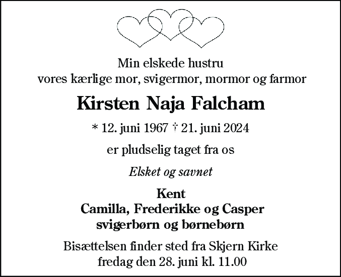Dødsannonce for Kirsten Naja Falcham