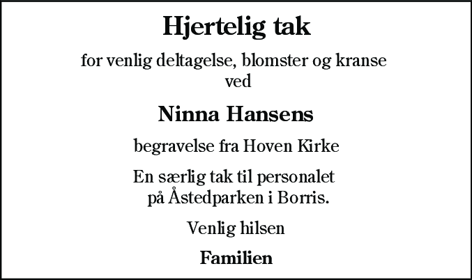 Dødsannonce for Ninna Hansen
