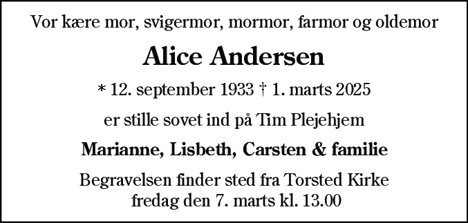 Dødsannonce for Alice Andersen