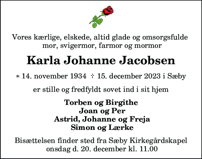 Dødsannonce for Karla Johanne Jacobsen