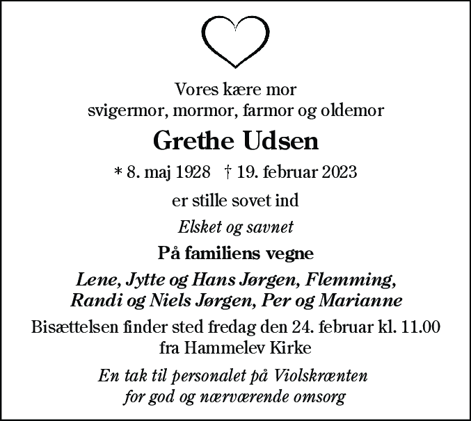 Dødsannonce for Grethe Kirstine Bønnerup Udsen