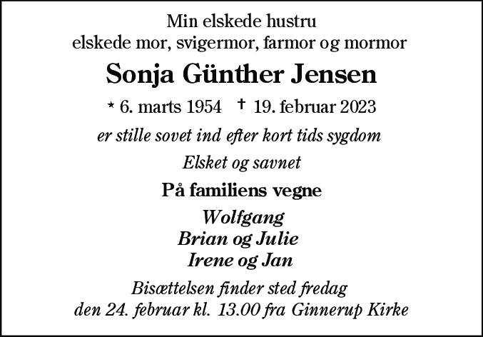 Dødsannonce for Sonja Günther Jensen