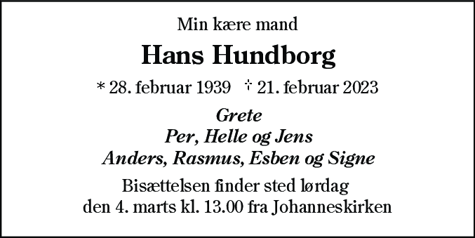 Dødsannonce for Hans Hundborg