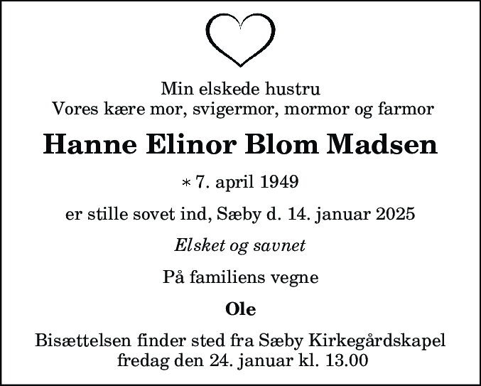 Dødsannonce for Hanne Elinor Blom Madsen