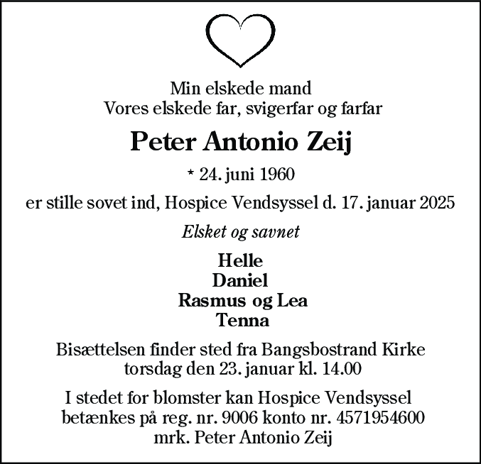 Dødsannonce for Peter Antonio Zeij