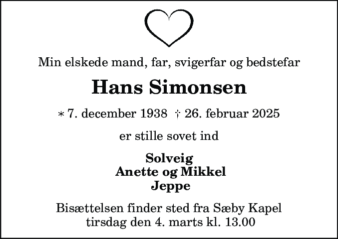 Dødsannonce for Hans Simonsen